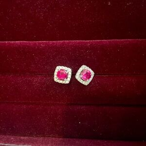 Ruby & CZ 14k White Gold Halo Stud Earrings